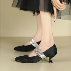 High Heels Silk Square Toe Elegant Comfort Belt Buckle Low Heel Shoes