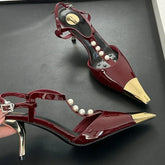 Metal Pointed Toe Thin High Heels T-Strap Pearl Elegant Party Pumps Sandals