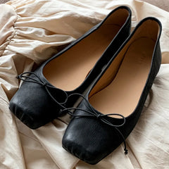 genuine leather pleated sqaure toe slip-onn ballet flats soft comfortable four season ballerianns single shoes
