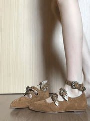 Retro Mary Jane Shoes British Style Pointed Toe Rivet Buckle Flat Bottom Beanie Shoes Girl Footwear