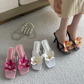 Flower Thin Heels Pumps Slides Shoes Flip flops Square Toe Heeled Sandals Shoes Big Size 43