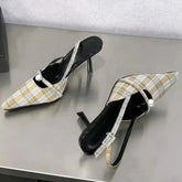 Pointed Toe Retro Plaid High Heels Elegant Slingbacks Shoes Office Sandalias De Mujer