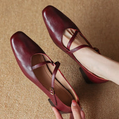 genuine leather square toe slip-on pumps 4cm thick low heel OL style elegant narrow band cross strap slim shoes