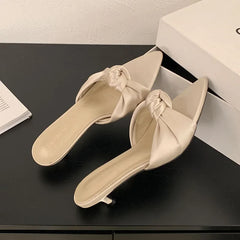 Butterfly-Knot Heeled Slippers Shoes Pointed Toe Low Heel Slippers Pumps