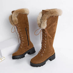 Lace-up Shoes Snow Boots Real Fur Boots Knee High Suede Thick Heel Warm Outdoor with Zip Big Size 43