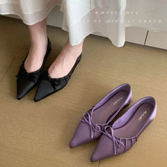 Elegant Satin Pleated Bow Flat Shoes Pointed Toe Casual Brand Design Party Comfortable Shallow