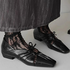 Pleated Hollow Mary Jane Style Shoes with Bow Design Flat Shoes Square Toe Casual Comfortable Outdoors Shoes Fashion