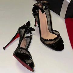 Cutout Lace Bowknot Peep Toe Slingback Sandals Thin High Heels Black Patent Leather Party Wedding Shoes