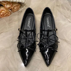 Pointed Toe Metal Buckle Bow T Strap Mary Jane Flats Elegant Banquet Dress Design Comfortable Single Shoes