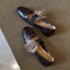 Brown Leather Mary Jane Flats Square Toe Elastic Strap Flower Decoration Stylish Footwear