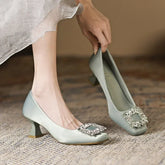 Rhinestone Satin Pumps Square Button Low Heel Office Shoes Elegant Crystal High Heels
