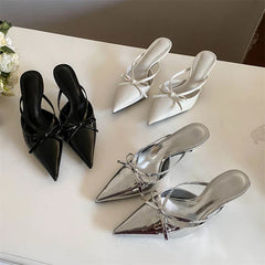 Silver White Butterfly-knot Pointed Toe Slippers Shoes Elegant Party Dress Thin Heels Sandals