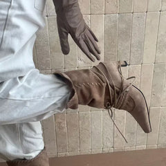 Faux Suede Weave Lace-up Motorcycle Boots High heels Chelsea Western Mid-Calf Short Booties Shoes