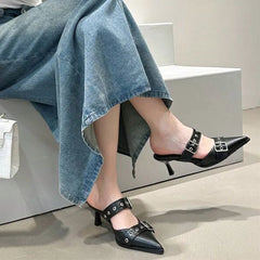 Pumps Belt Buckle Pointed Toe Black High Heel Mule Slides Half Slipper
