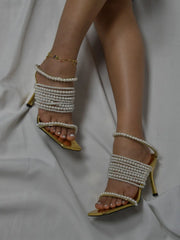 Brand Desigh Gold String Bead Pearl Wrap Slip On Thin Heels Party Elegant Bride Wedding