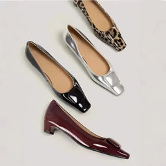Leopard Kitten Heel Pumps Woman Pointed Toe Shoes Wedges Low Heeled Tacones Femmes Patent Leather Dress Bridal Shoes Ladies
