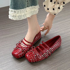 Rivet Ballet Burgundy Mary Jane Flat Shoes Bow Square Head Casual Comfortable Shoes