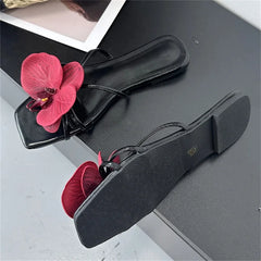 Flower Narrown Band Low Heels Slippers Square Toe Casual Beach Shoes Size 35-43