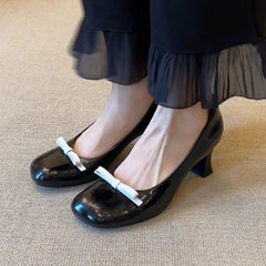 Retro Bowknot High Heeled Mary Jane Shallow Comfort Round Toe Elegant Office Shoes Talons Femme