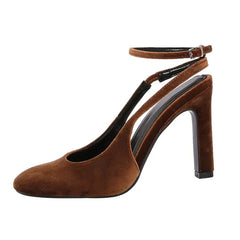 Retro Brown Faux Suede High Heels Round Toe Ankle Strap Buckle Brand Shoes Elegant Banquet