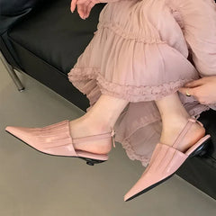 Pointed Pleated Low Heel Shallow Slingback Shoes Brand Lace Office Elegant Mule Shoes