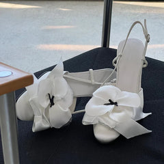 White Flower Sandals Round Toe Black Bow Detail Hollow Slingback Buckle Stiletto Heels Party Dress