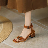 Shoes Square Toe Chunky Heel Cow Leather High Heels Solid Band Shoes Casual Black Shoes