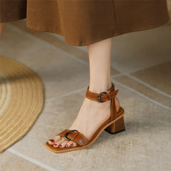 Shoes Square Toe Chunky Heel Cow Leather High Heels Solid Band Shoes Casual Black Shoes