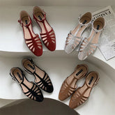 T-strap Rome Flat Sandals Hollow Out Vintage Mary Janes Shoes Pu Leather Holiday Elegant Gladiator Sandals
