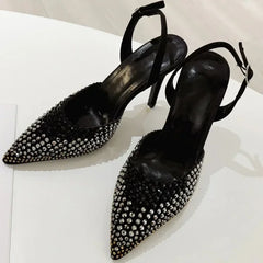 Rhinestones Pointed Toe Thin High Heels Hollow Buckle Brand Sandals Banquet Party Shoes