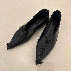 Genuine Leather Retro Pointed Toe Flat Shoes Design Weaving Simple Office Daily Commuting Shallow Shoes