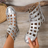 Hollow Geometric Metal Buckle Back Zipper Breathable and Cool Flat Shoes