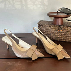 Bowknot Pointed Toe Thin Heel Elegant Satin Heels Prom Backless Zapatos De Mujer