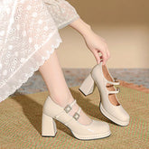 Shallow Mouth High Heel Leather Shoes Slip On Mary Jane Chunky Sandals Increasing Height Clogs