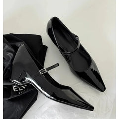 Pointed Toe Shoes Buckle Strap Solid Color Retro Brand 5CM High Heel Shallow Concise