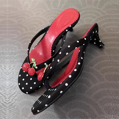 Bohemian Style Polka Dot Round Toe Thin Low Heels Slippers Mules Slides Shoes Crystal Rhinestone Sandals Flip Flops