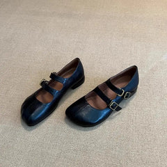 Double Buckle Strap Tabis Shoes Solid Leather Mary Janes Low Heeled Flats Woman Trotters Loafers Barefoot Walking Shoes