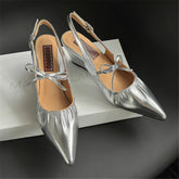 Genuine Leather Slingbacks Pumps Pointed Toe Silver Black Wedges Heels Shoes Woman Pumps