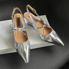Genuine Leather Slingbacks Pumps Pointed Toe Silver Black Wedges Heels Shoes Woman Pumps