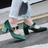 Velvet Mary Jane Shoes Pearls Buckle High-heeled Velour Green Burgundy Pumps Office Banquet Party 33-43