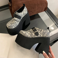 Chunky Platform Buckle Strap Street Style Round Toe Very Square High Heels Stripper Club