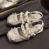 Pearl Bow Mary Jane Leather Shoes Flats Sandals Square Toe Slippers Lolita Mujer Zapatillas