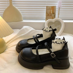 Leather Mary Jane Shoes Japanese Style Lolita Round Toe High on Platform Footwear Black Gothic Vulcanized