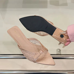 Pointed Toe Footwear Heeled Slippers Slides Shoes Rhinestones Low Heel Sandals Shoes