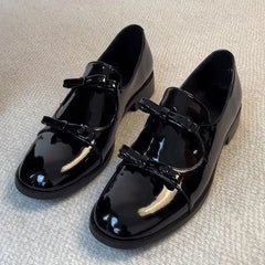 Preppy Double Bowtie Oxfords Woman Low Heels Flats Shiny Small Leather Shoes College Girls Sneakers Femmes Derby Loafers