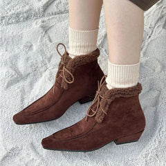 Lace Up Short Fluffy Warm Ankle Boots Comfort Square Toe Chunky Suede Short Boots Low Heels Party Shoes