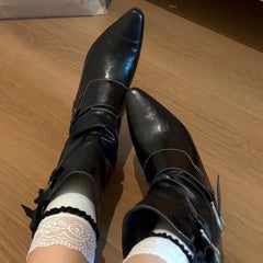 Round Toe Square Heel Elegant Mid-calf Boots Pin Buckle Decoration Solid Color Simple