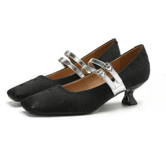 High Heels Silk Square Toe Elegant Comfort Belt Buckle Low Heel Shoes
