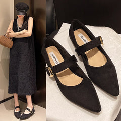 Low Heeled 2cm One Word Buckle Strap Design Solid Color Shallow Mouth Pointed Toe Comfy Low Heeled Shoes