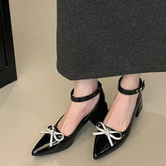 Rhinestone Bow Decorated High Heels Black Slingback Buckle Design Covered Heel Pointed Toe Mary Jane Shoes